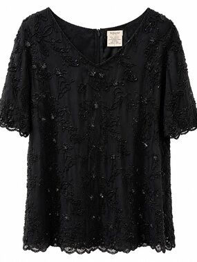 Vintage Black Beaded 100% Silk Shell Sequin Evening Top 24W Women’s BEAUTIFUL